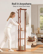 Pipishell Rotary Coat Rack, Solid Wood Coat Rack Freestanding with Wheels, 9 Hooks, T-Shaped Top & 3-Tier Shelves for Entryway, Hallway, Bedroom, Coat Tree for Coats, Bags, Hats & Scarves
