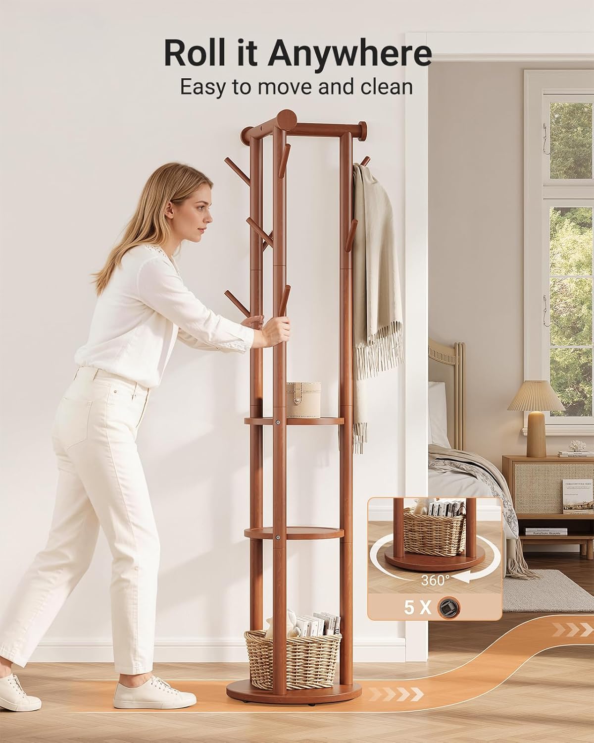 Pipishell Rotary Coat Rack, Solid Wood Coat Rack Freestanding with Wheels, 9 Hooks, T-Shaped Top & 3-Tier Shelves for Entryway, Hallway, Bedroom, Coat Tree for Coats, Bags, Hats & Scarves