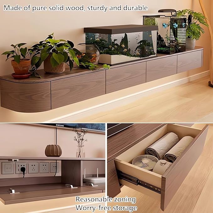 Pre-Assembled Floating TV Stand with Drawers, Rubberwood Wall Mounted TV Console, Modern Media Console for Living Room, Space-Saving Floating TV Cabinet (Brown (with Led), 78.7in/200cm)