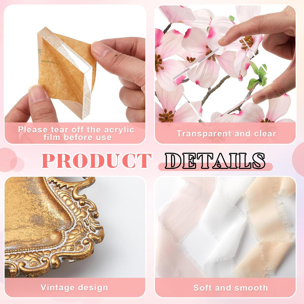 Cinnvoice 8 Pcs Flat Lay Photography Props Set for Jewelry & Wedding Details, Vintage Jewelry Tray, Acrylic Display Blocks, Chiffon Silk Ribbon for Bridal Party Decor Gift(2 Square 2 Round Bases)