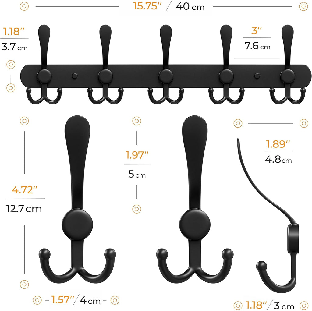 Coat Rack Wall Mount with 5 Tri Hooks, Stainless Steel 16 Inch – Black Matte Finish, Heavy Duty Wall Mounted Hook Rack for Coats, Hats, Towels, Scarfs, Robes, Bags, Entryway & Bathroom - 4 Pack