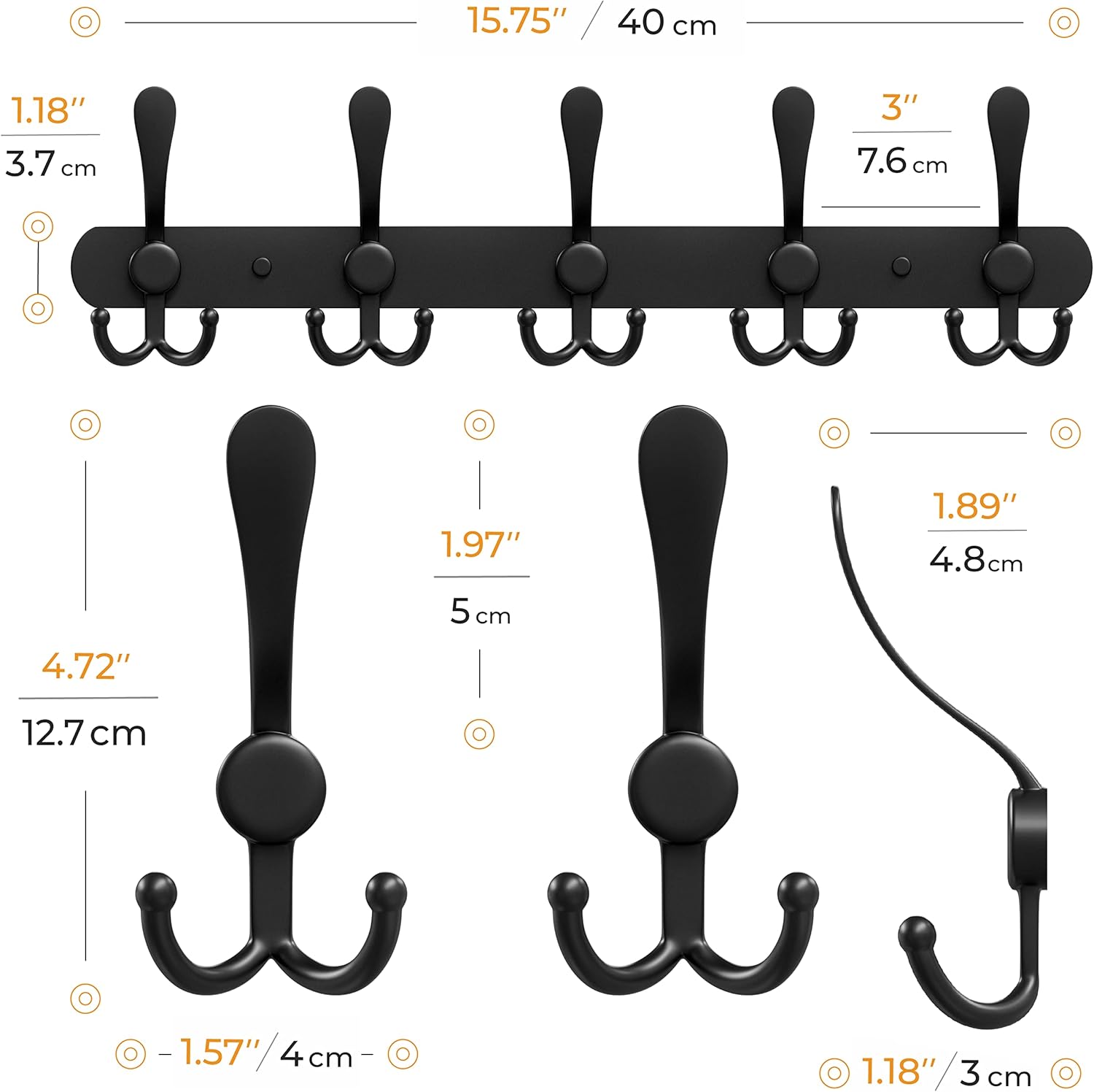 Coat Rack Wall Mount with 5 Tri Hooks, Stainless Steel 16 Inch – Black Matte Finish, Heavy Duty Wall Mounted Hook Rack for Coats, Hats, Towels, Scarfs, Robes, Bags, Entryway & Bathroom - 4 Pack