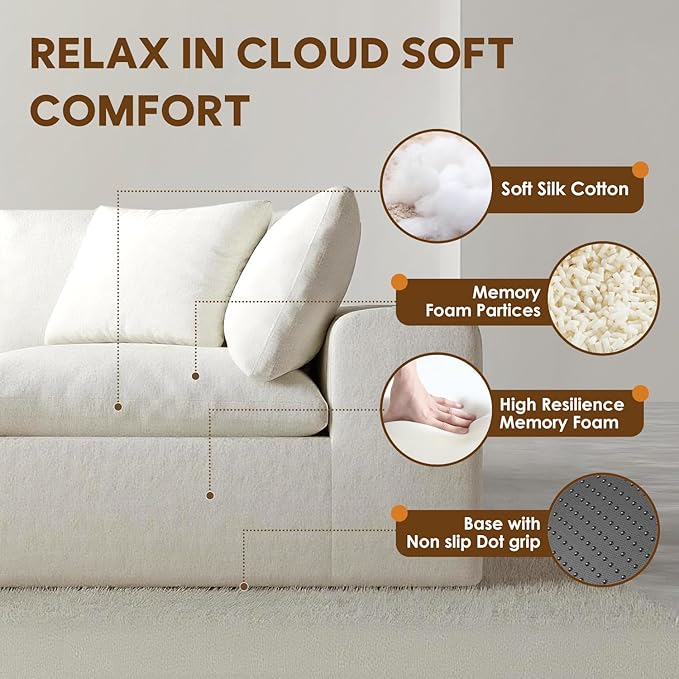 130" Modern Modular L Shaped Couch, Sectional Couches for Living Room, Deep Seat Cloud Couch, No Assembly Required Sleeper Sofa, Boneless Couches with Armrests, White