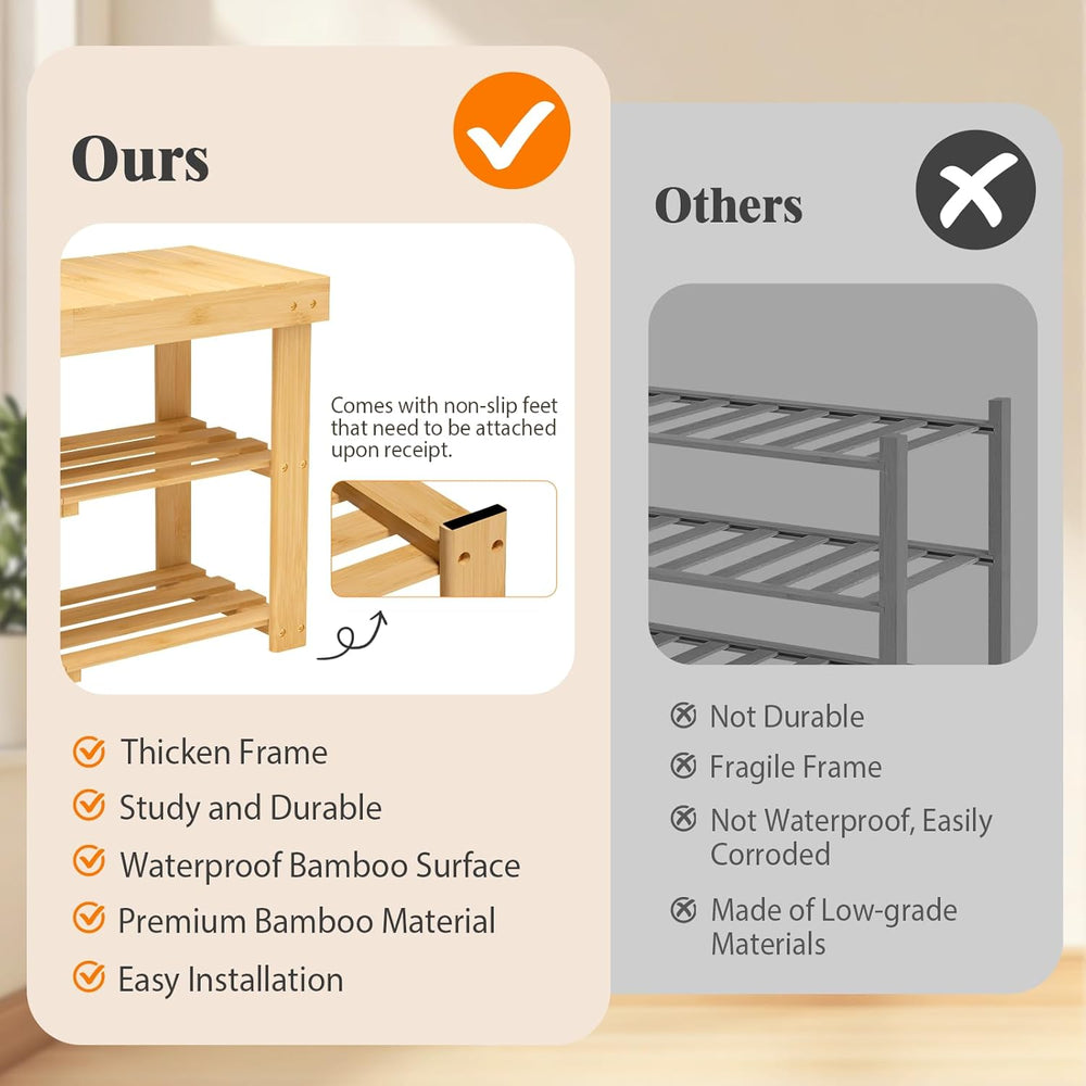 BAMBUROBA Bamboo Shoe Rack Bench, 3-Tier Entryway Bench, Small Shoes Storage ...