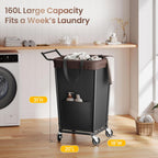 160L Laundry Hamper with Wheels and Handle, 2-Section Rolling Hamper for Laundry, Large Laundry Basket with Wheels, Rolling Laundry Basket Clothes Hamper for Home, Bathroom and Dorm(Black)