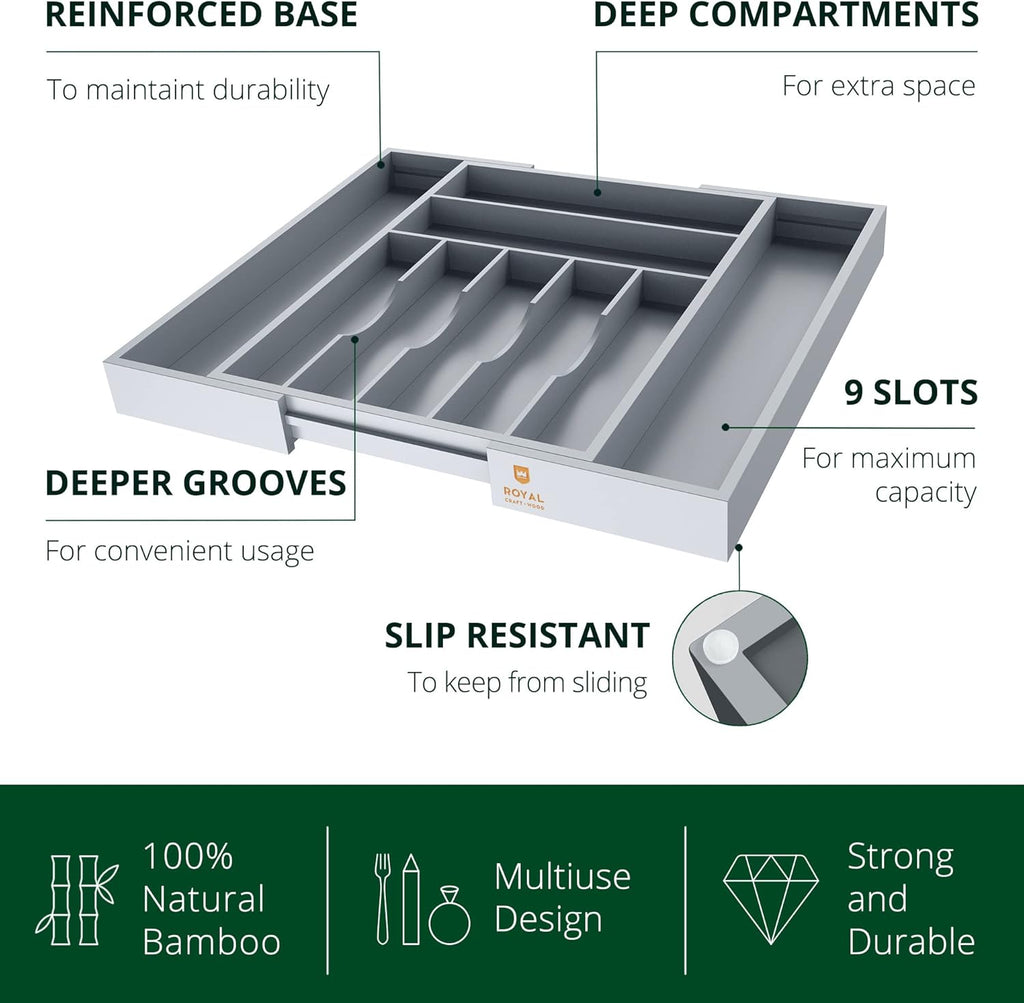 ROYAL CRAFT WOOD Luxury Bamboo Kitchen Drawer Organizer - Silverware Organizer - Utensil Holder and Cutlery Tray with Grooved Drawer Dividers for Flatware and Kitchen Utensils (9 Slot, Gray)
