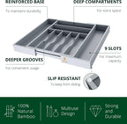 ROYAL CRAFT WOOD Luxury Bamboo Kitchen Drawer Organizer - Silverware Organizer - Utensil Holder and Cutlery Tray with Grooved Drawer Dividers for Flatware and Kitchen Utensils (9 Slot, Gray)