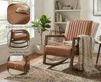 Leather Modern Rocking Chair Mid Century Armchair Upholstered Arm Chair with Padded Seat/Wood Frame, Comfy Rocker for Living Room/Bedroom, Retro Brown PU