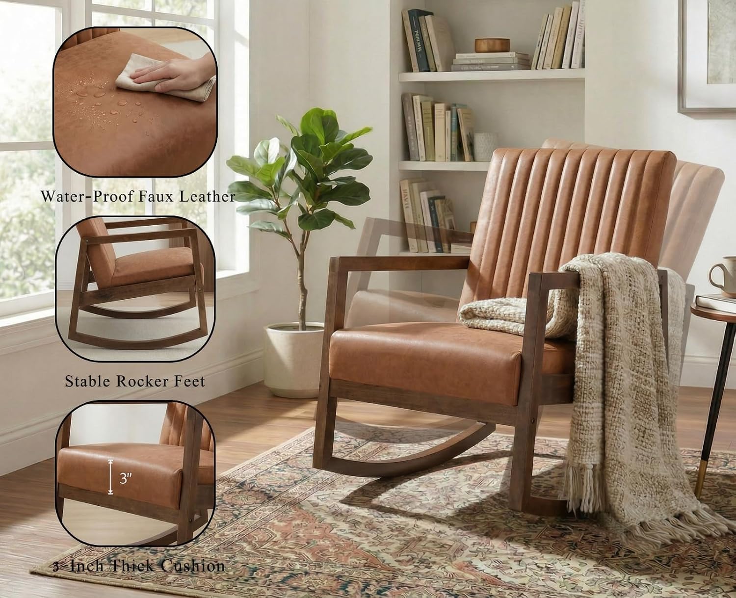 Leather Modern Rocking Chair Mid Century Armchair Upholstered Arm Chair with Padded Seat/Wood Frame, Comfy Rocker for Living Room/Bedroom, Retro Brown PU