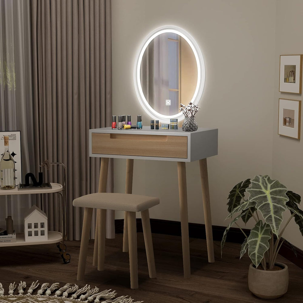 YOURLITE Makeup Vanity Table Set with 3 Modes Adjustable Lighted Mirror Cushi...