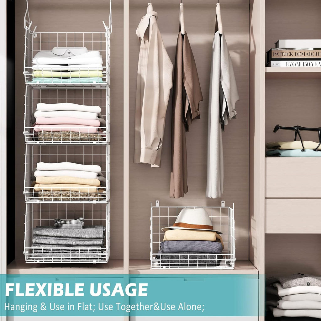 4 Tier Closet Hanging Organizer Foldable Dorm Closet Organizer White | Freestanding Closet Organizers and Storage with 5 S Hooks, wire closet shelving for Wardrobe Laundry Room Patent (11.8" D)