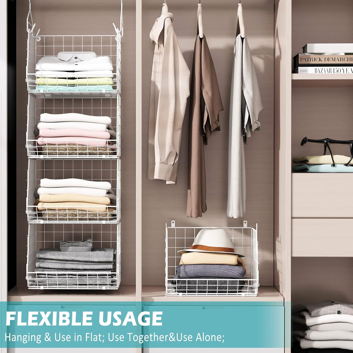 4 Tier Closet Hanging Organizer Foldable Dorm Closet Organizer White | Freestanding Closet Organizers and Storage with 5 S Hooks, wire closet shelving for Wardrobe Laundry Room Patent (11.8" D)