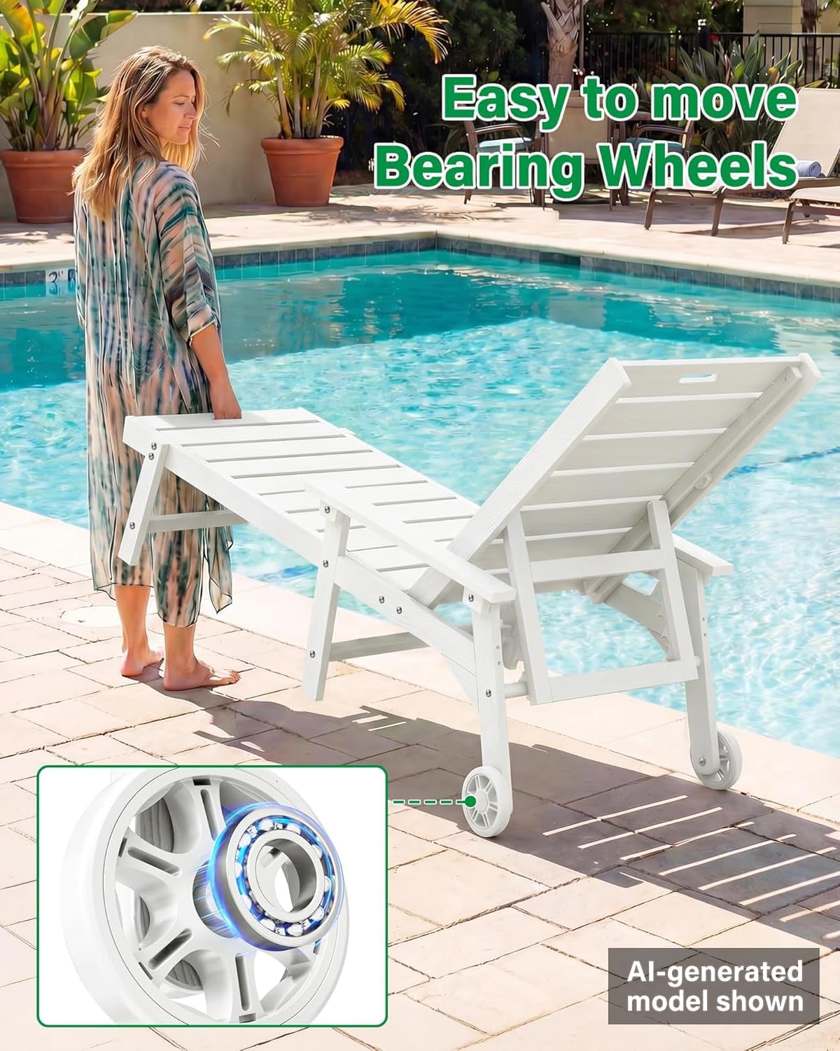 YEFU Lounge Chair Outdoor Set of 2, HIPS Chaise Lounge Outdoor, White | Lounge Chair with Wheels & Cup Holder, 5-Level Adjustable Backrest,Weather Resistance, Easy to Assemble, For Patio/Beach/Pool
