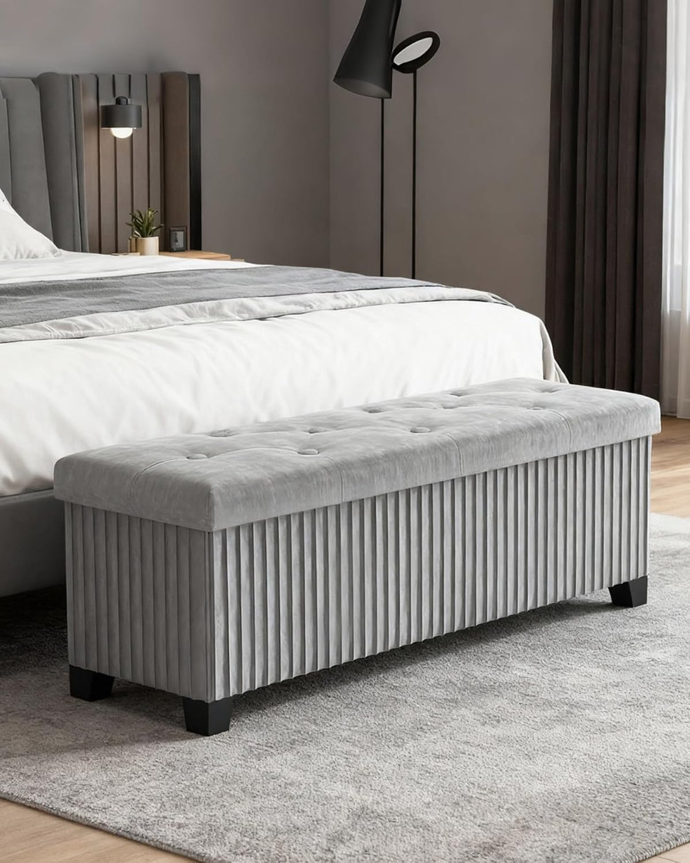 LITZFUR 43 Inches Storage Ottoman Bench, Velvet Foot Rest Stool, Grey | Foldi...