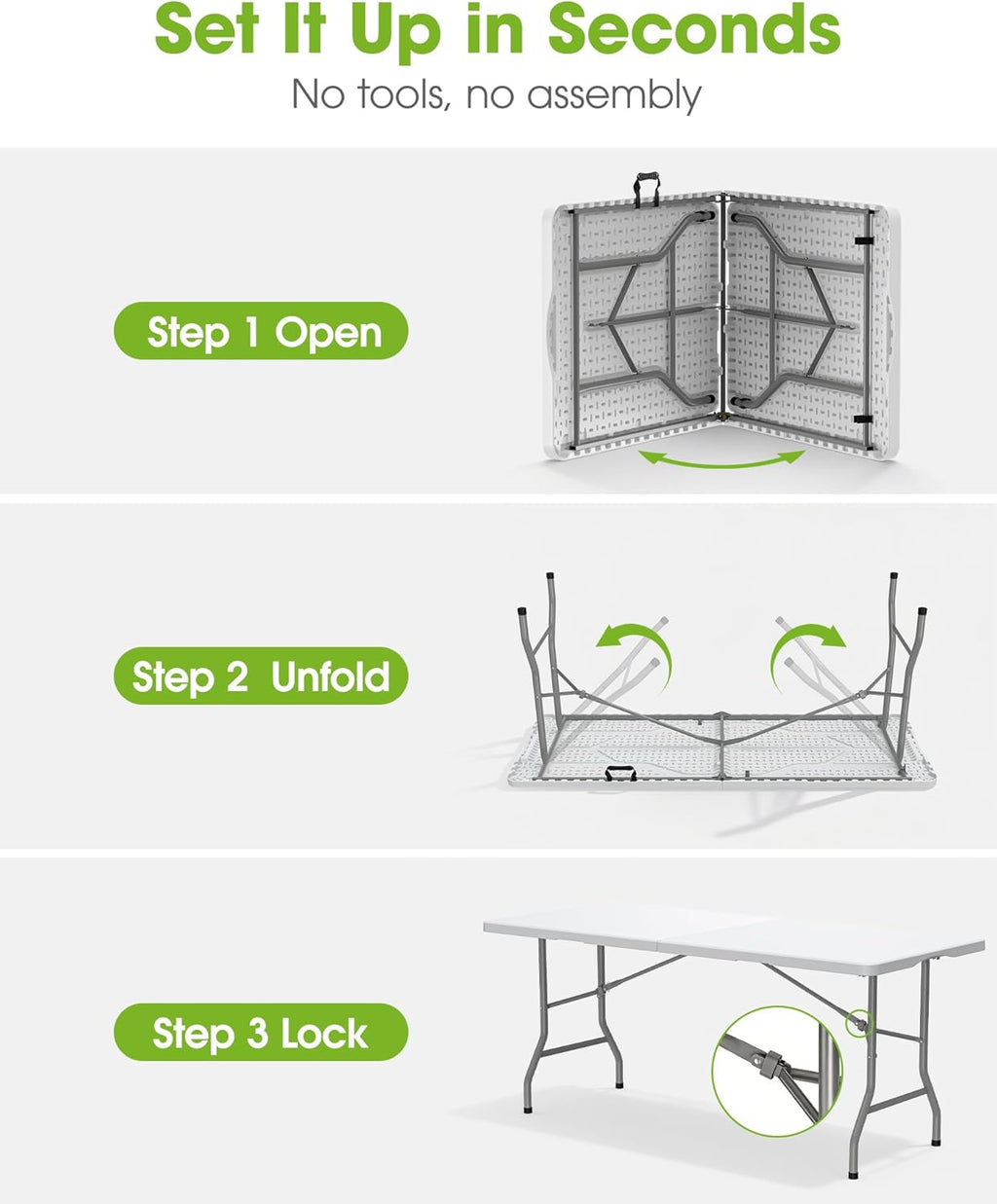 Pureegg 6FT Folding Table - No Assembly Required, Versatile Dining Table with Carrying Handle & Tabletop Safety Lock, Portable Foldable Table for Party, Craft, Camping, Picnic, White