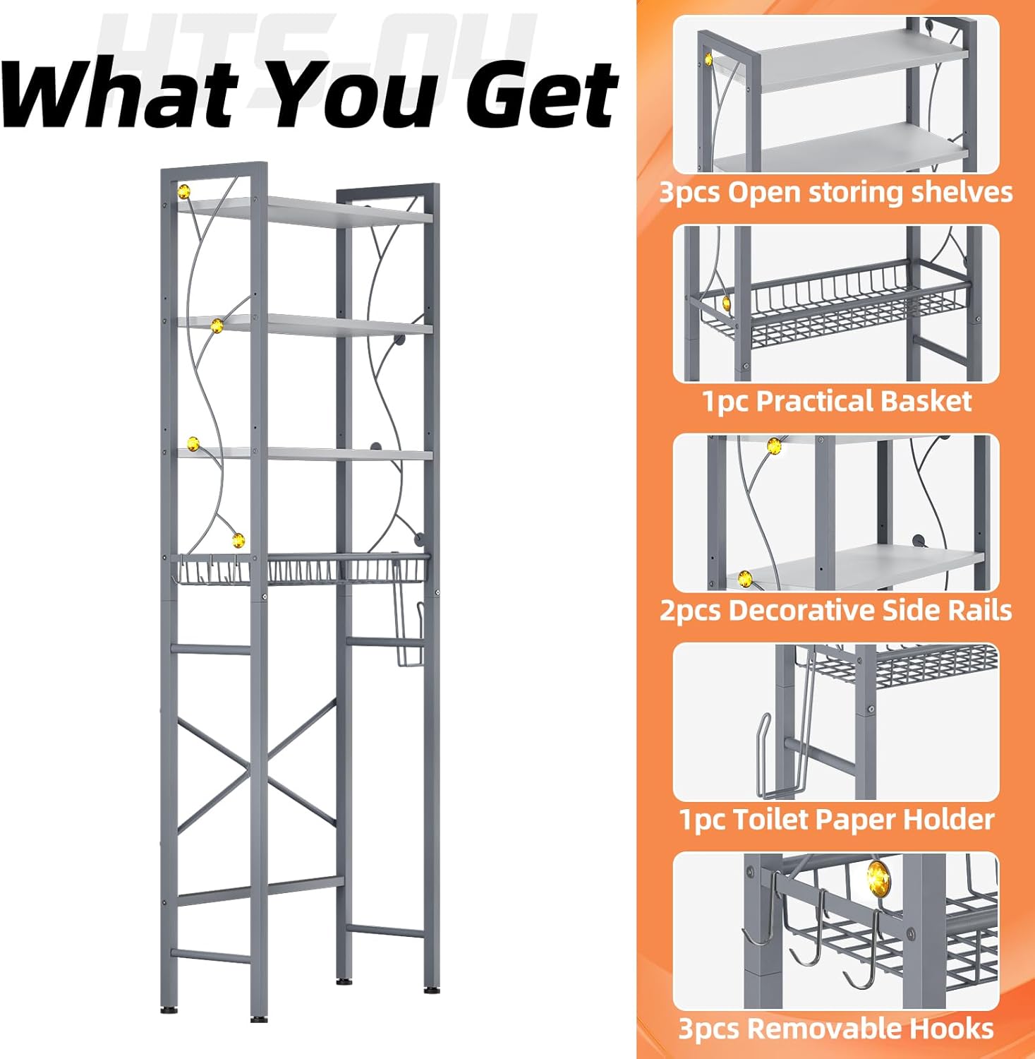 Over-The-Toilet Storage Rack, 4-Tier Bathroom Organizer Shelf Over Toilet with Adjustable Shelf and Basket, Freestanding Space Saver Bathroom Shelves Above Toilet for Room (Gray White)