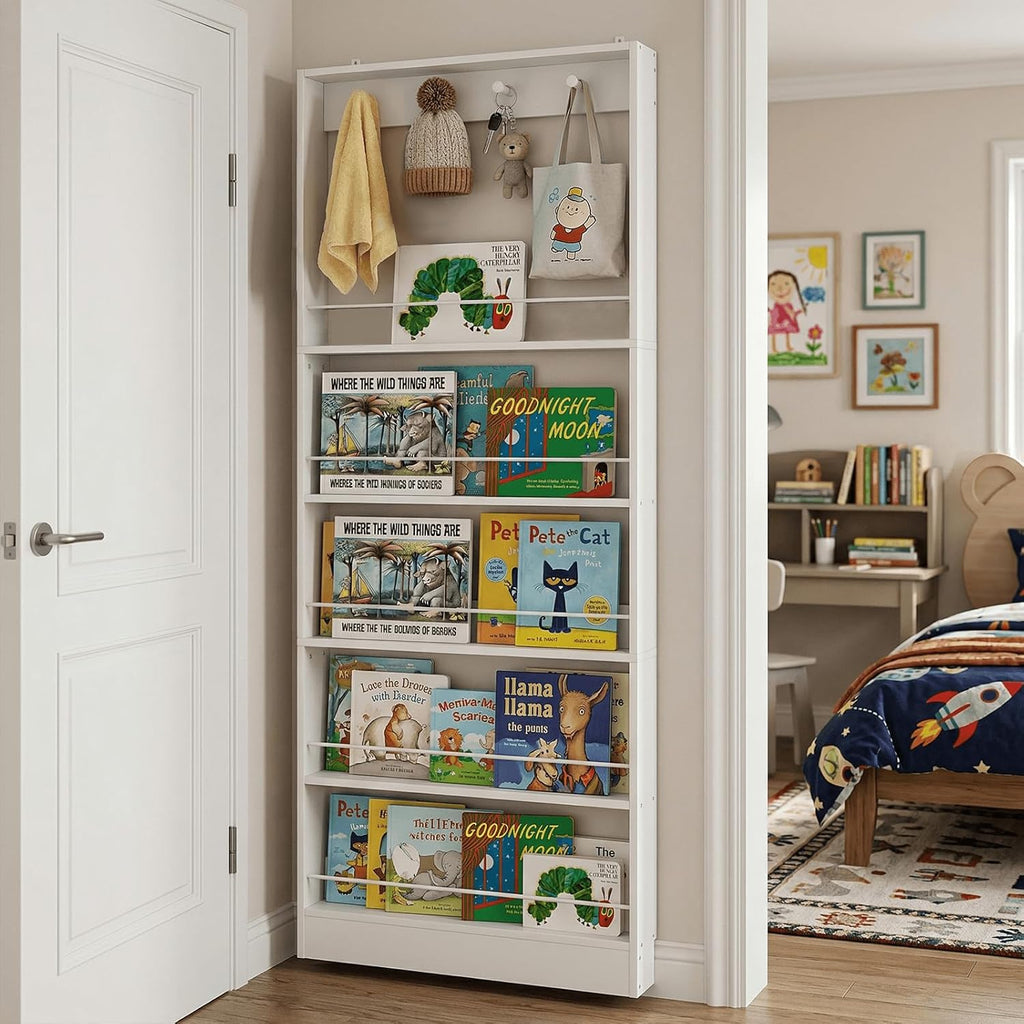 Behind The Door Bookshelf Kids,Wooden Behind Door Bookcase 5-Tier 31.5'' | Fernitry Space-Saving Behind Door Organizer Storage for Toys and Story Books Wall Mount Shelves with Hooks White