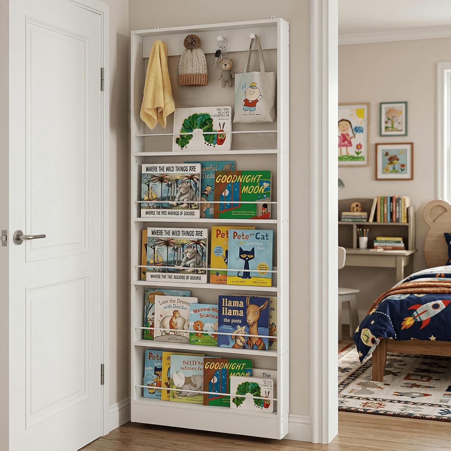 Behind The Door Bookshelf Kids,Wooden Behind Door Bookcase 5-Tier 31.5'' | Fernitry Space-Saving Behind Door Organizer Storage for Toys and Story Books Wall Mount Shelves with Hooks White