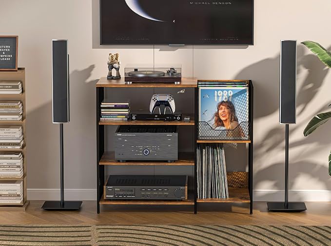 Large Record Player Stand Table with Vinyl Record Holder Up to 150PCS, AV Media Stand Stereo Cabinet Shelf Rack Tower with Storage, Sturdy, Adjustable Feet, Rustic, Large Capacity