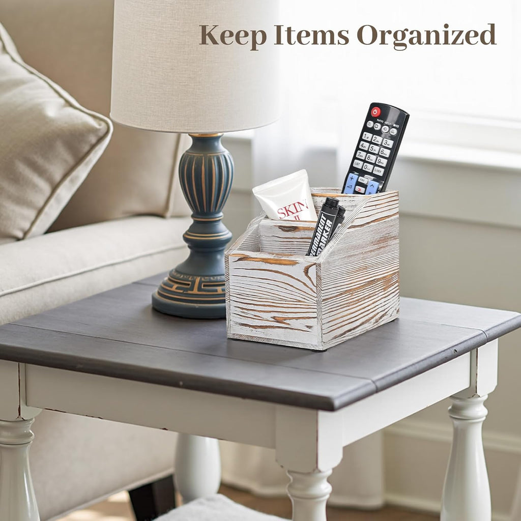 Wooden Remote Control Holder Organizer, 3 Compartment Storage Slots, TV Remote Holder for Table, TV Remote Media Remote Storage Box for Living Room (Vintage White)