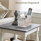 Wooden Remote Control Holder Organizer, 3 Compartment Storage Slots, TV Remote Holder for Table, TV Remote Media Remote Storage Box for Living Room (Vintage White)