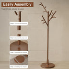 Muwuele Coat Rack, Solid Wood Coat Rack Freestanding With 12 Hooks, Coat Tree Freestanding Heavy Duty 3 Adjustable Heights For Coat, Hats, Handbags, Coat Hanger Stand For Entryway, Bedroom, Walnut