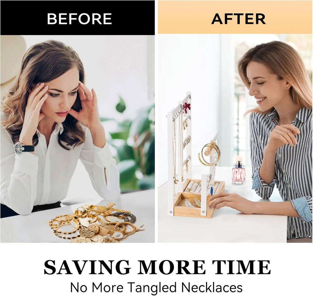 DreamGenius Jewelry Organizer Stand with Velvet Ring Holder, 4 Tier Jewelry Holder Organizer with 11 Hooks for Necklaces and 132 Holes for Earrings, White