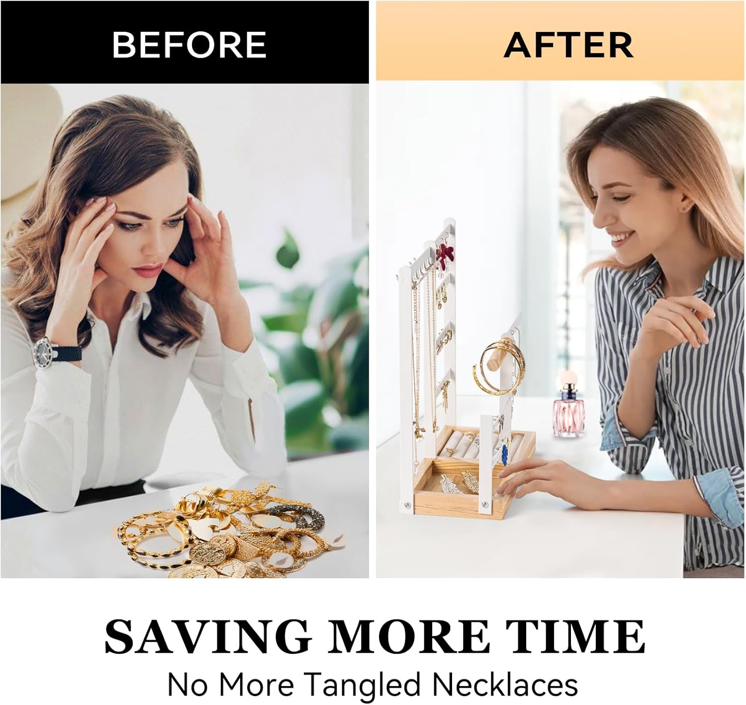 DreamGenius Jewelry Organizer Stand with Velvet Ring Holder, 4 Tier Jewelry Holder Organizer with 11 Hooks for Necklaces and 132 Holes for Earrings, White