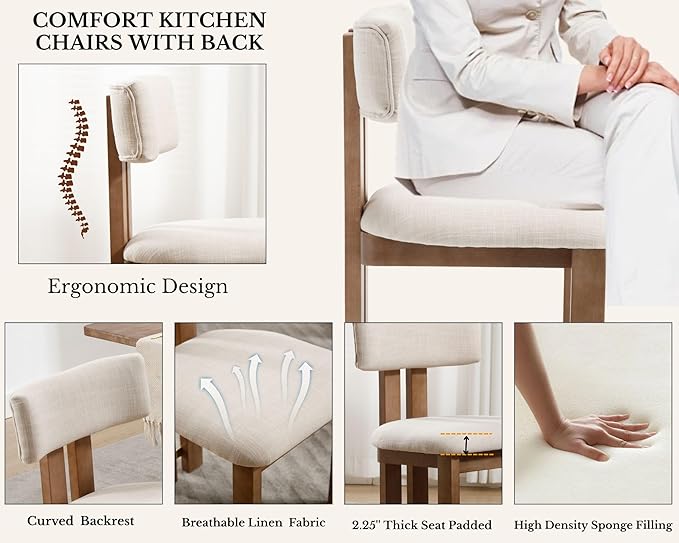 HNY Modern Farmhouse Linen Dining Chairs Set of 4, Beige Fabric Upholstered Dining Room Kitchen Chairs with Natural Wood Frame & Curved-Back, Armless Accent Wood Chairs for Dining Room Living Room