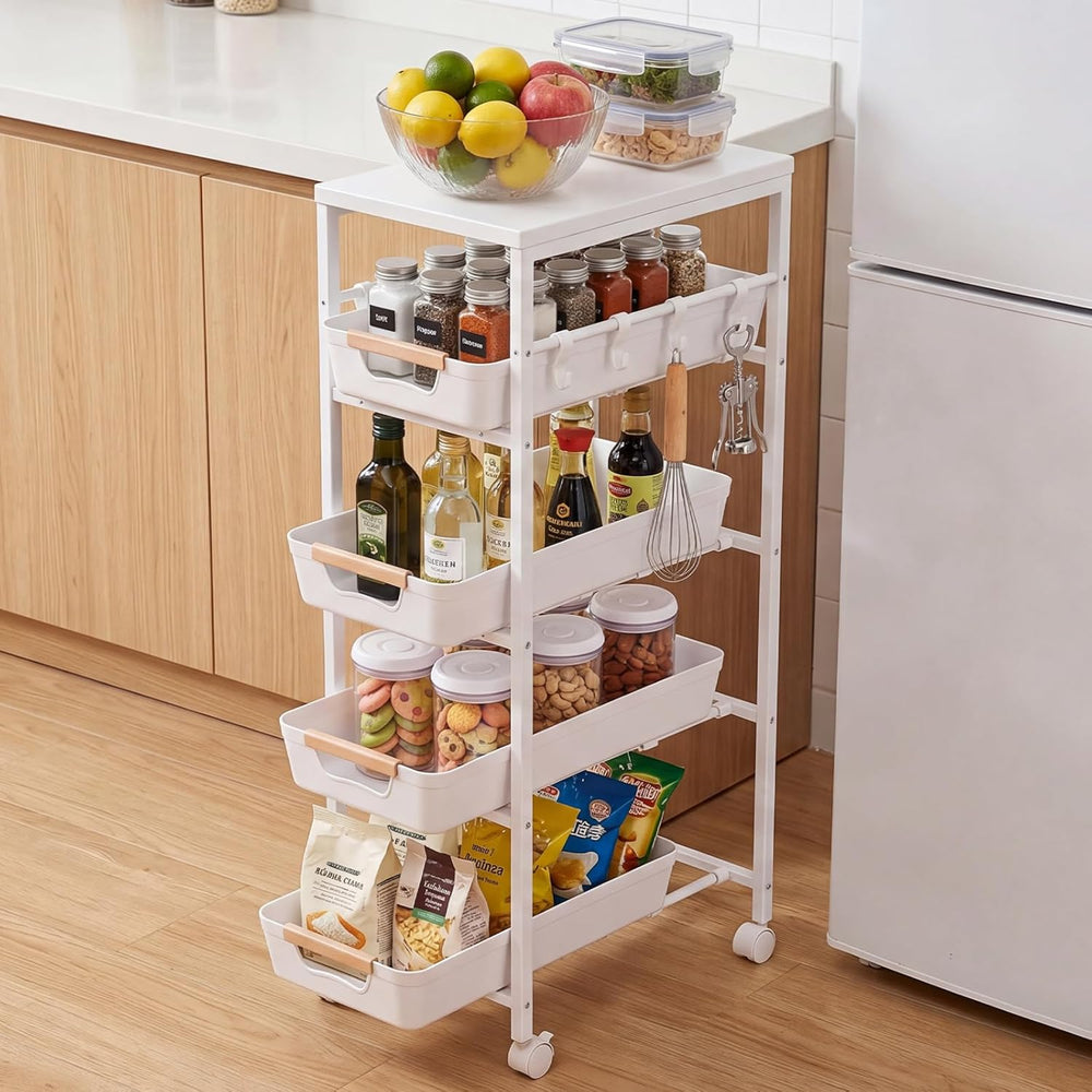 5 Tier Slim Rolling Storage Cart with Pull-Out Drawers,Narrow Utility Organiz...