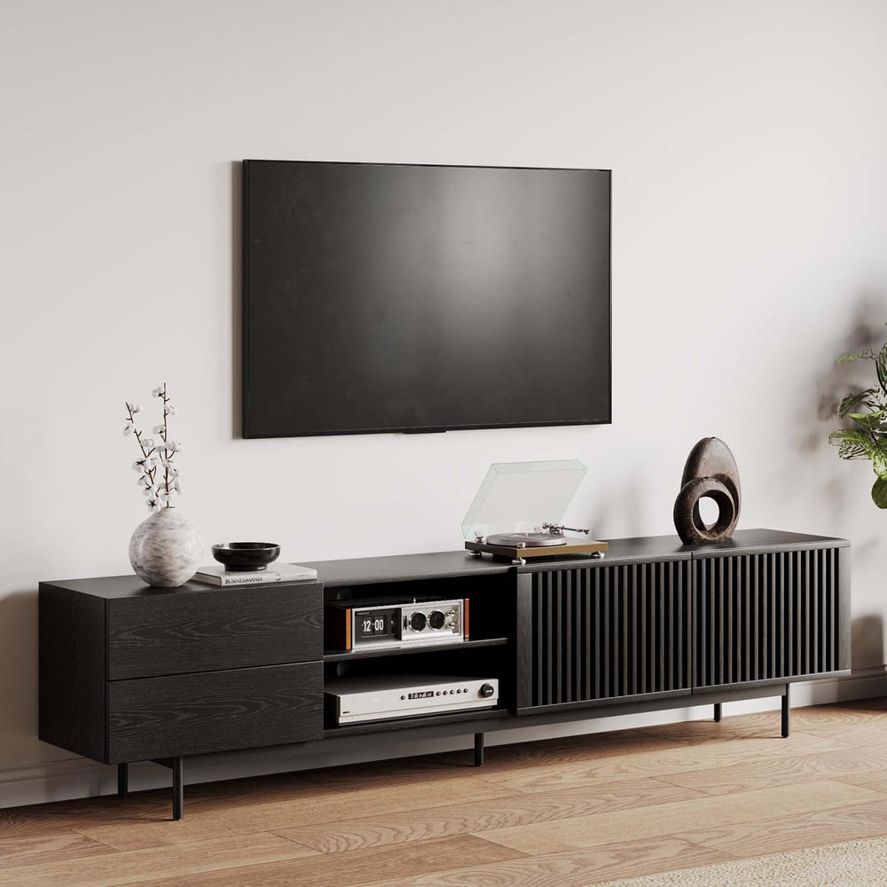 POVISON Mid Century Modern TV Stand, 94.49" Black Solid Wood Media Conso...