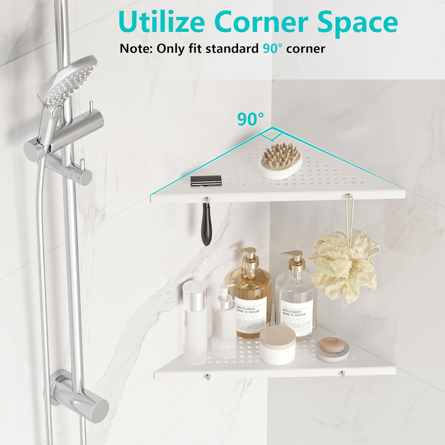 10" Bathroom Corner Shelf, 2 Pack Recessed Shower Shelf Caddy, SUS304 Stainless Steel Shelf Wall Mount Triangular, No Drilling Matte White