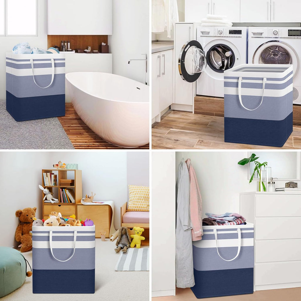 HomeHacks 2-Pack Large Laundry Basket, Waterproof, Freestanding Laundry Hamper, Collapsible Tall Clothes Hamper with Extended Handles for Clothes Toys in the Dorm and Family (Blue, 100L)
