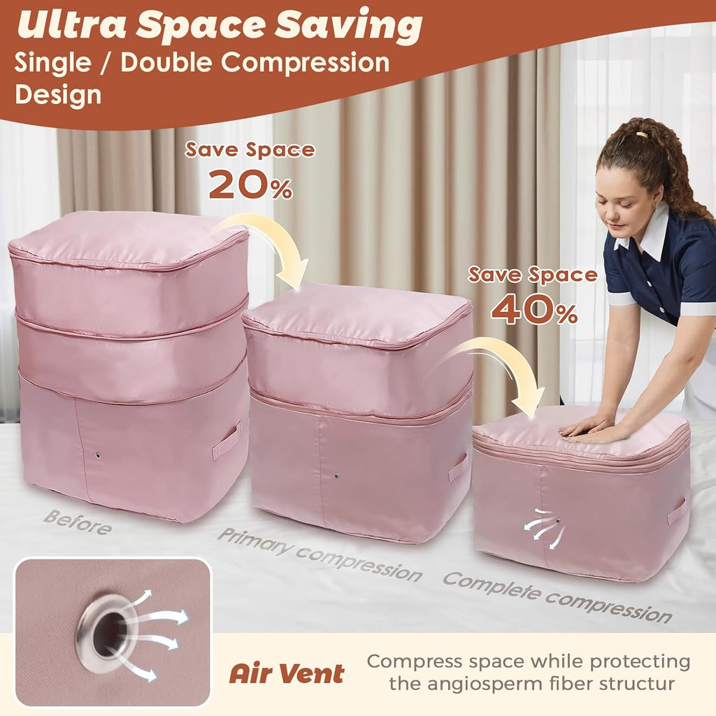 Ultra Space Saving Self Compression Organizers, 4 Pack Double Zipper Compression Packing Cubes for Bedding, Comforter Storage Bag for Blankets Duvet Quilts Pillows Queen King (Pink, X-Large)