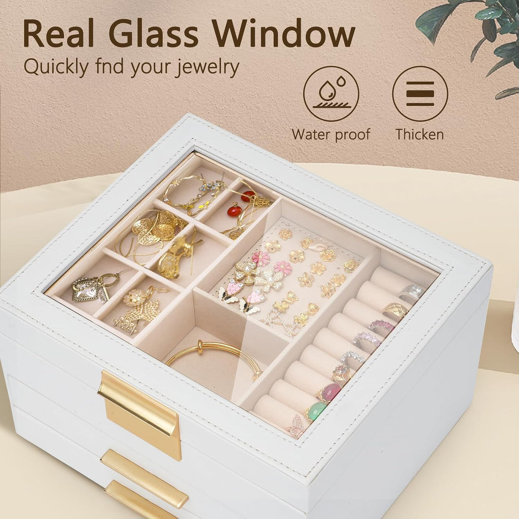 Jewelry Box for Women, 3-Layer Jewelry Box, Jewelry Organizer with Clear Glass Lid and Drawers, Jewelry Organizers and Storage for Necklaces, Rings, Earrings, Bracelets(White)