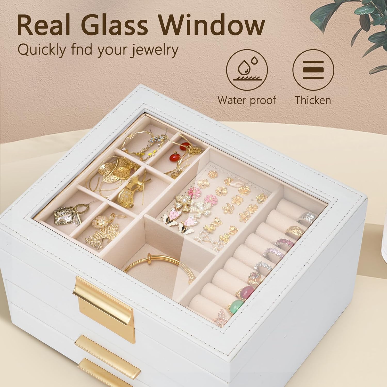 Jewelry Box for Women, 3-Layer Jewelry Box, Jewelry Organizer with Clear Glass Lid and Drawers, Jewelry Organizers and Storage for Necklaces, Rings, Earrings, Bracelets(White)