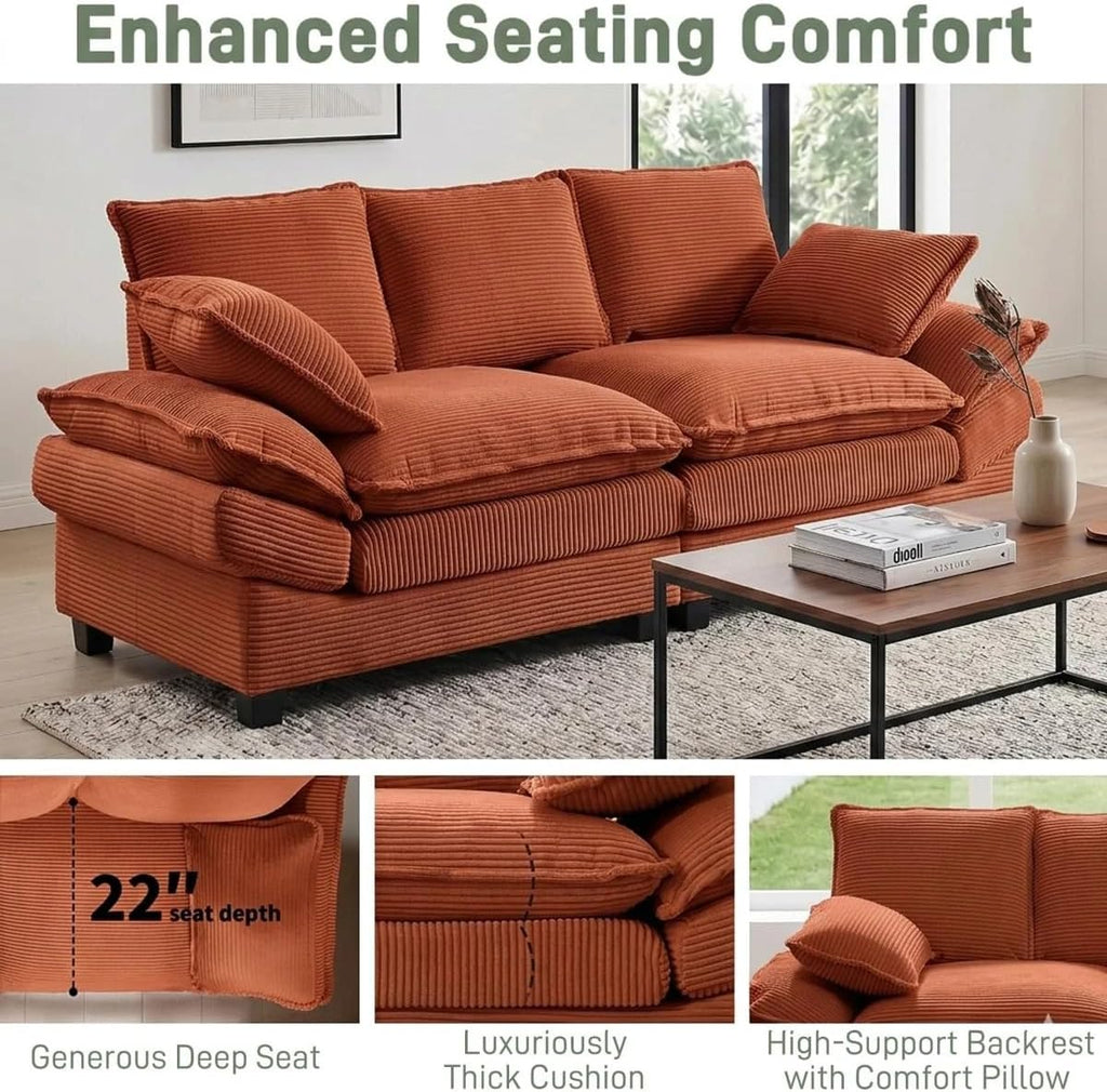 83" Cloud Loveseat Sofa, Comfy Corduroy Couch Deep Seat Double Cushion, 800 LBS 2-3 Seater Love Seat for Living Room Bedroom Apartment Office Small Space, Reddish-Brown