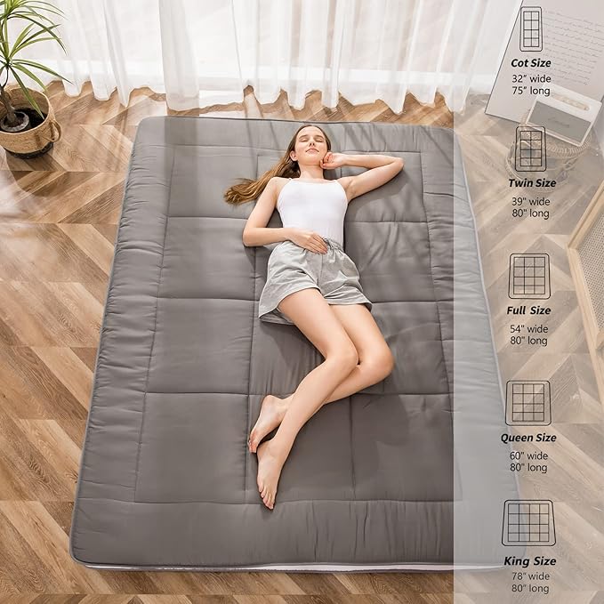 MAXYOYO Futon Mattress, Padded Japanese Floor Mattress Quilted Bed Mattress Topper, Extra Thick Folding Sleeping Pad Breathable Floor Lounger Guest Bed for Camping Couch, Dark Grey, Queen