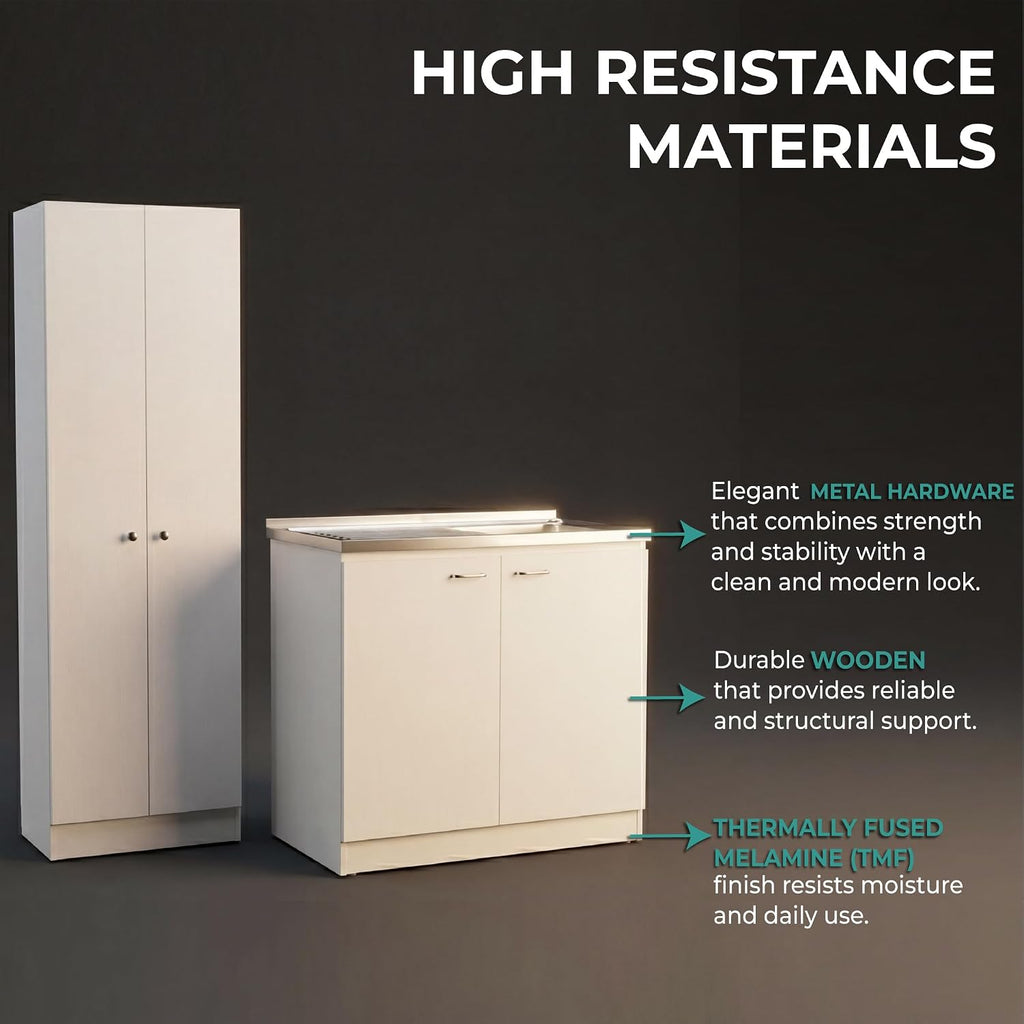 Tuhome Tall Storage Cabinet with 5 Adjustable Shelves, Two Large Doors and Kitchen Utility Sink Set with Stainless Steel Countertop Included