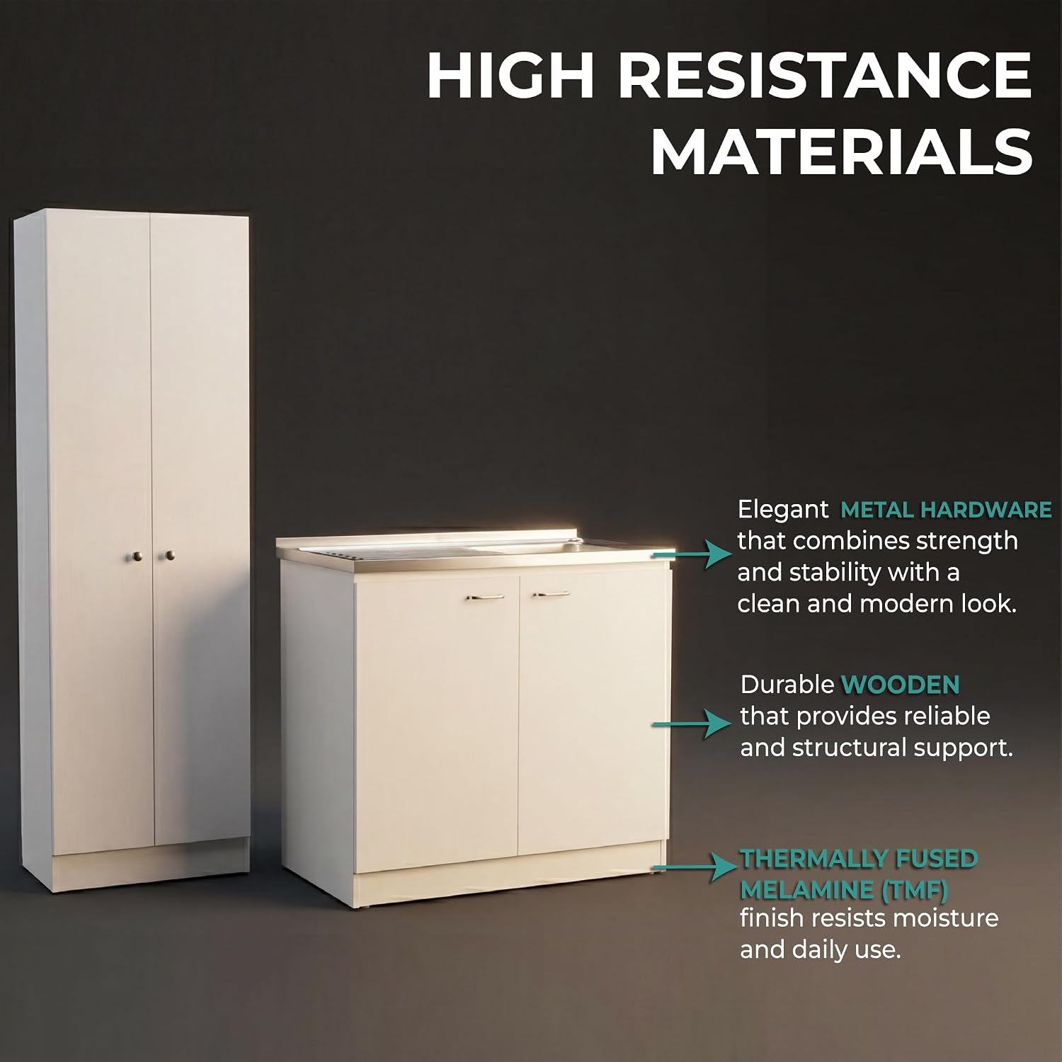Tuhome Tall Storage Cabinet with 5 Adjustable Shelves, Two Large Doors and Kitchen Utility Sink Set with Stainless Steel Countertop Included