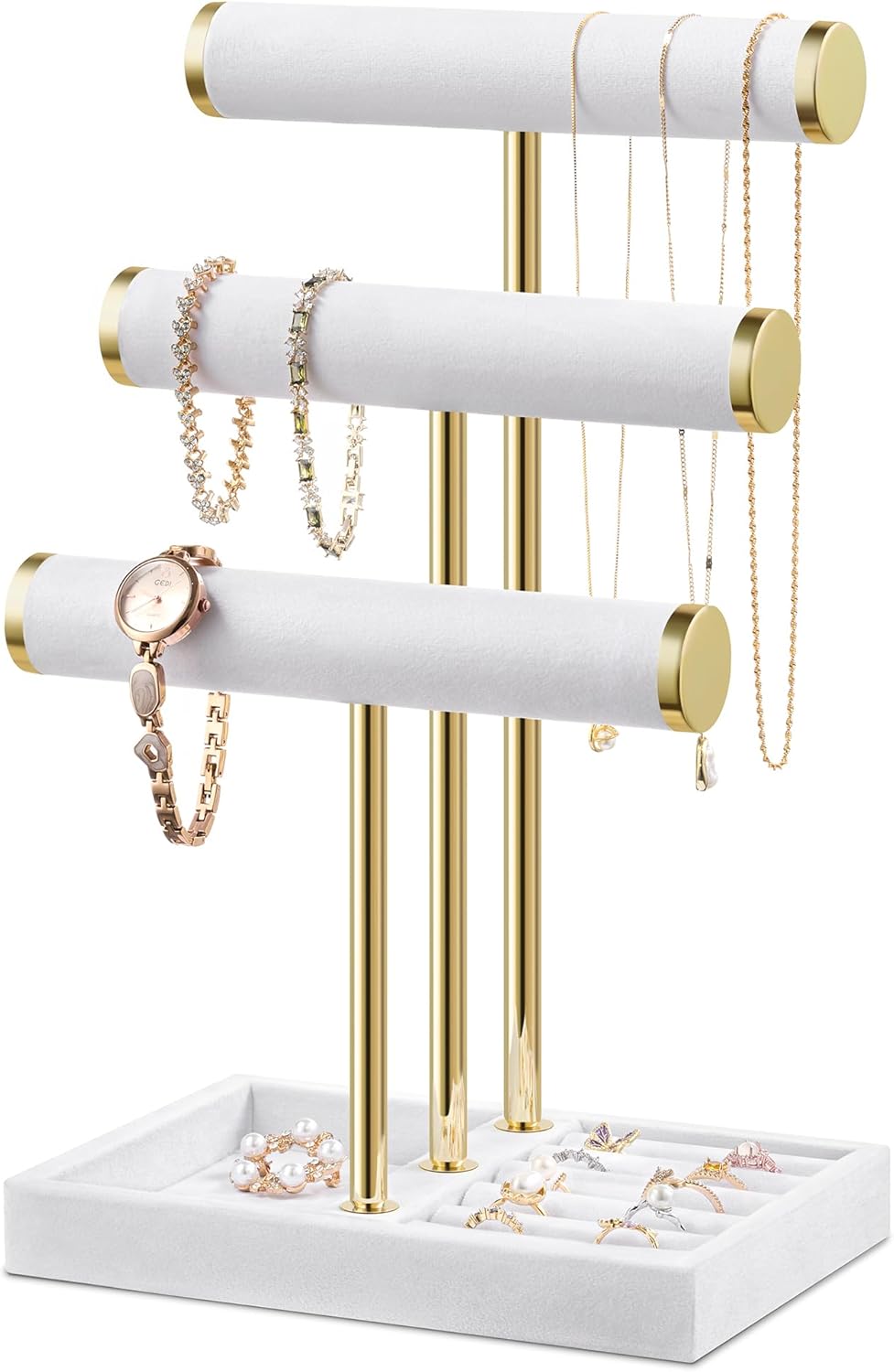 Bracelet Holder Jewelry Organizer Display - 3 Tier T Bar Velvet Stand, White Jewelry Storage for Bracelet, Necklaces, Earrings, Watches