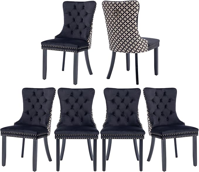 Velvet Dining Chairs Set of 6, High-end Tufted Upholstered Dining Chair with Back Ring Pull, Nailhead Trim and Solid Wood Legs, Modern Dining Room Chairs for Dining Room, Black &Patterned