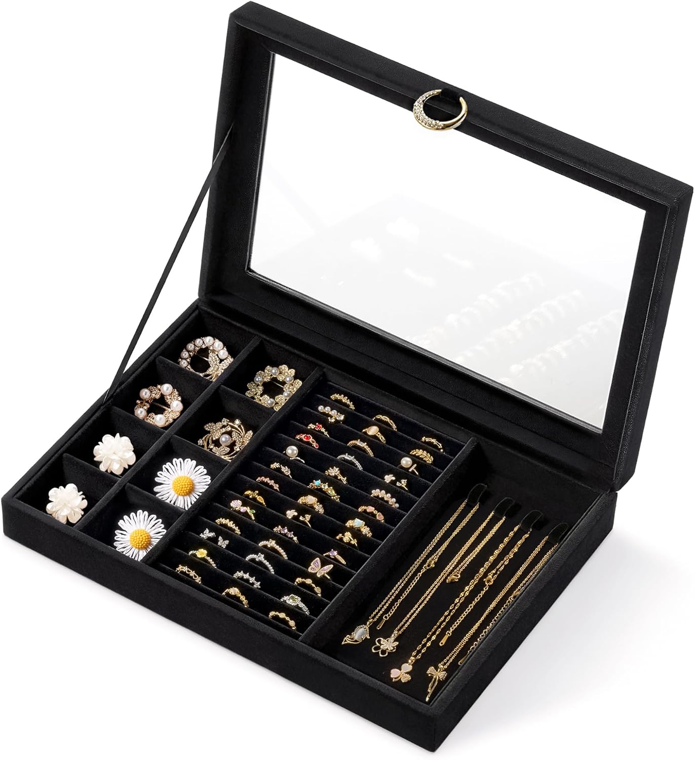 bussdis Glass Lid Jewelry Organizer Box – Black Velvet Jewelry Case with Ring Slots, Necklace Hooks & Removable Compartments for Earrings, Rings & Bracelets
