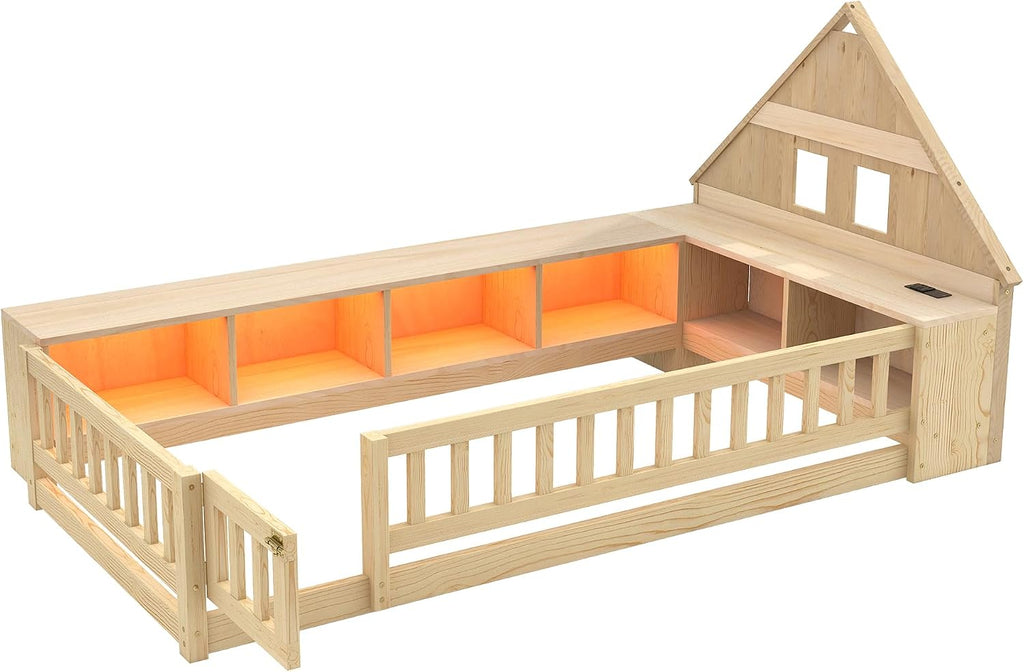 Twin Size Wood Floor Bed with Guardrail, House-Shaped Headboard and Cabinet (Natural)