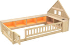 Twin Size Wood Floor Bed with Guardrail, House-Shaped Headboard and Cabinet (Natural)