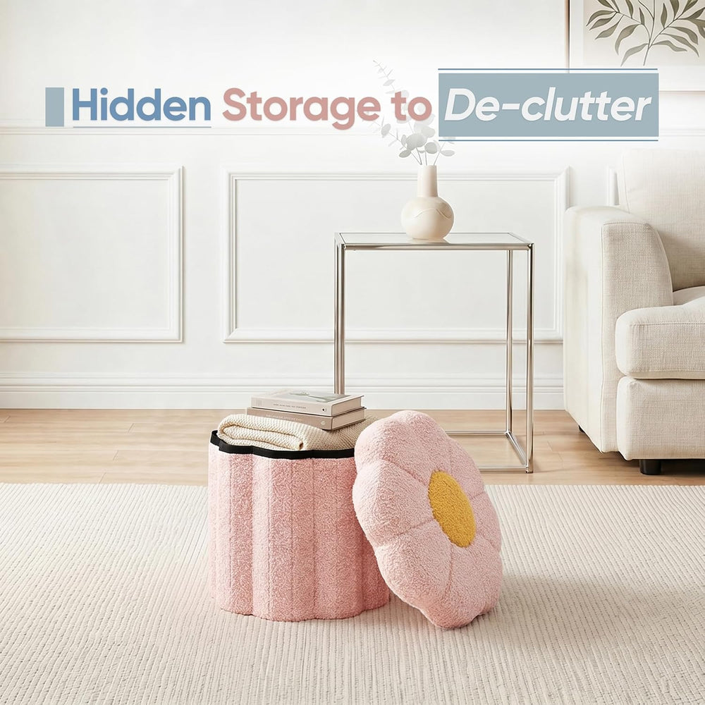Flower Boucle Storage Ottoman, 12.6" Small Footstool with Padded Seat, F...