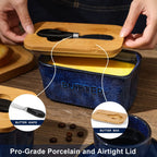 Ceramic Butter Dish Keeper Container - Vicrays Porcelain Airtight Lid Butter Container with Knife for Countertop - Large Butter Keeper Crock for West or East Coast Butter - Blue