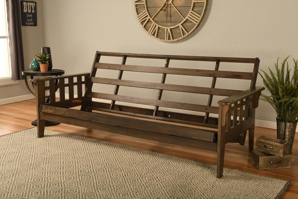 FutonX Rustic Walnut Frame and Mattress Set with Choice to add Drawers, 8 Inch Innerspring Futon Sofa Bed Full Size Wood (Grey Matt and Frame (No Drawers))