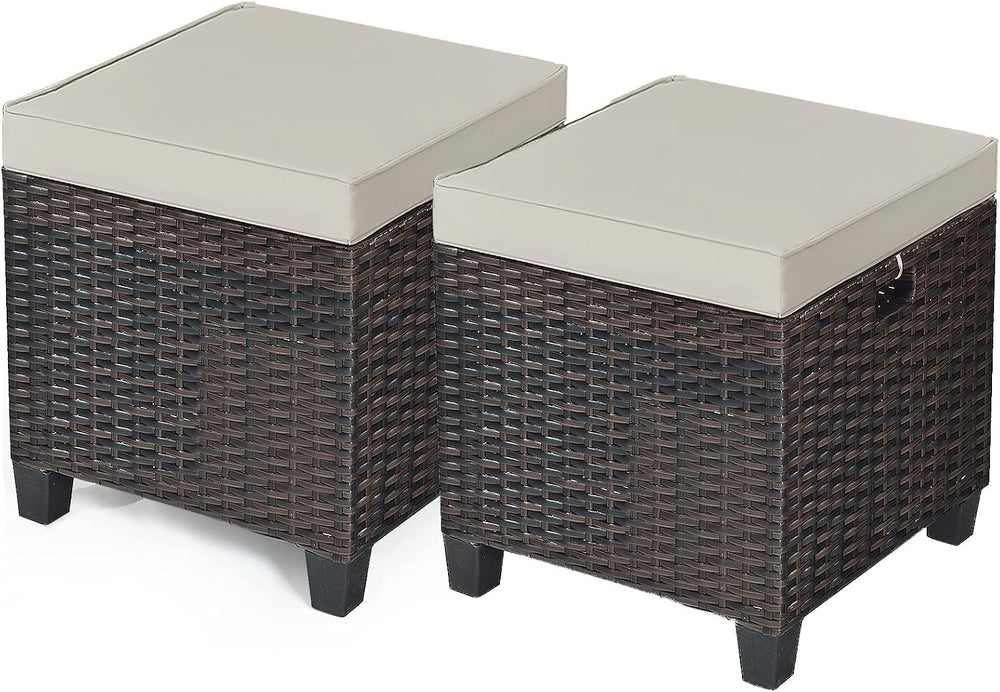 Set of 2 Outdoor Wicker Ottomans, All Weather Rattan Patio Footstool w/Remova...