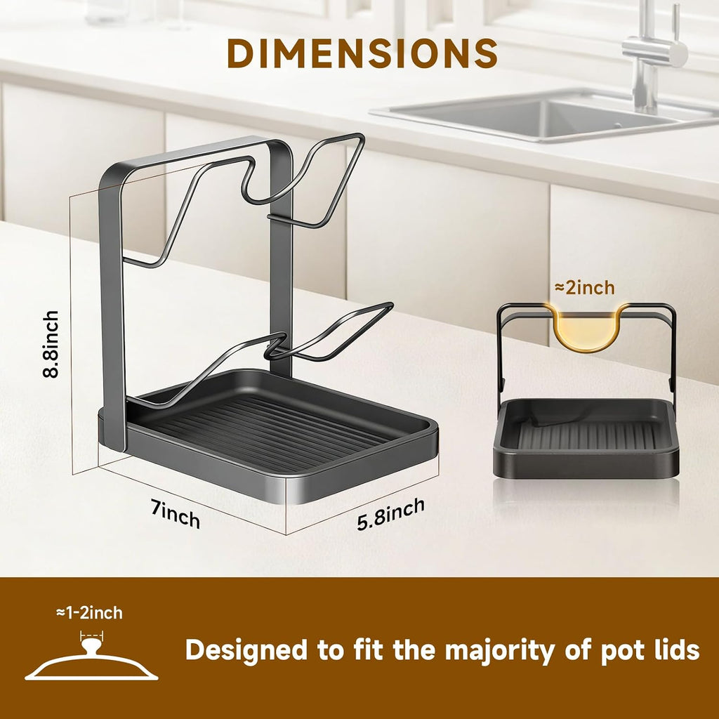 2-Tier Pot Lid Holder with Detachable Drip Tray, Kitchen Organizer | Two-tier countertop rack stores pot lids, pan covers, cutting boards, and ladles; detachable tray helps collect drips.